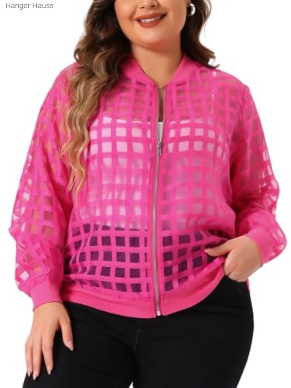 Plus Size Sheer Mesh Bomber Jacket Women Zip Up See Through Long Sleeve